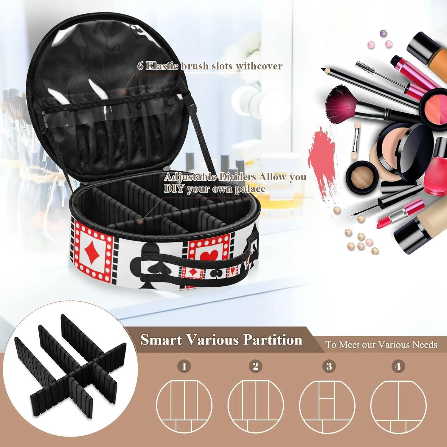 Playing Cards Bright Red, Black, White Symmetrical Geometric Women's Portable Round Makeup Bag with Handle, Cosmetic Bag, Adjustable Dividers, Travel Cosmetic Storage 11 x 3.5 x 10 inch