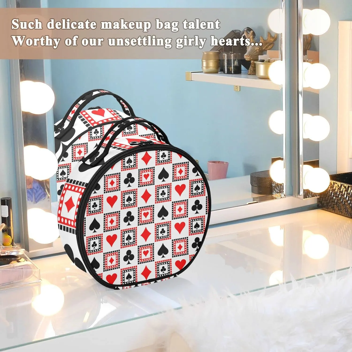 Playing Cards Bright Red, Black, White Symmetrical Geometric Women's Portable Round Makeup Bag with Handle, Cosmetic Bag, Adjustable Dividers, Travel Cosmetic Storage 11 x 3.5 x 10 inch