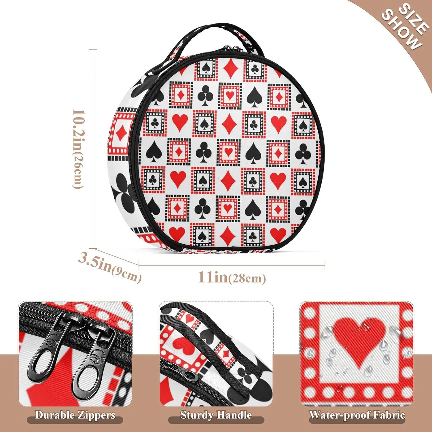 Playing Cards Bright Red, Black, White Symmetrical Geometric Women's Portable Round Makeup Bag with Handle, Cosmetic Bag, Adjustable Dividers, Travel Cosmetic Storage 11 x 3.5 x 10 inch