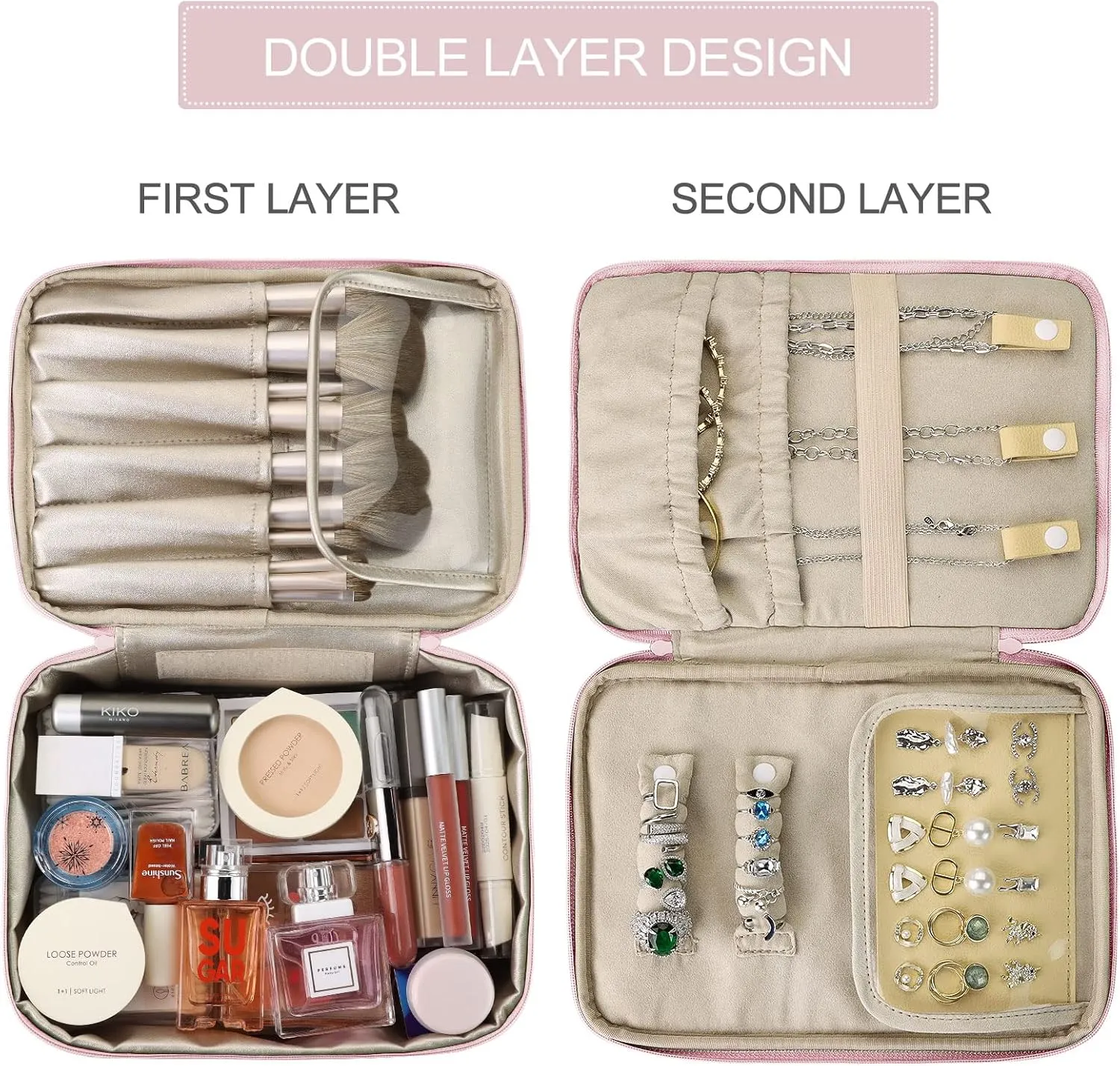 Pocmimut Makeup Bag and Jewelry Bag,Travel Makeup Case for Women 2 in 1 Waterproof Travel Make Up Case and Jewelry Bag Brushes for Earrings Necklaces Bracelets(Baby Pink)