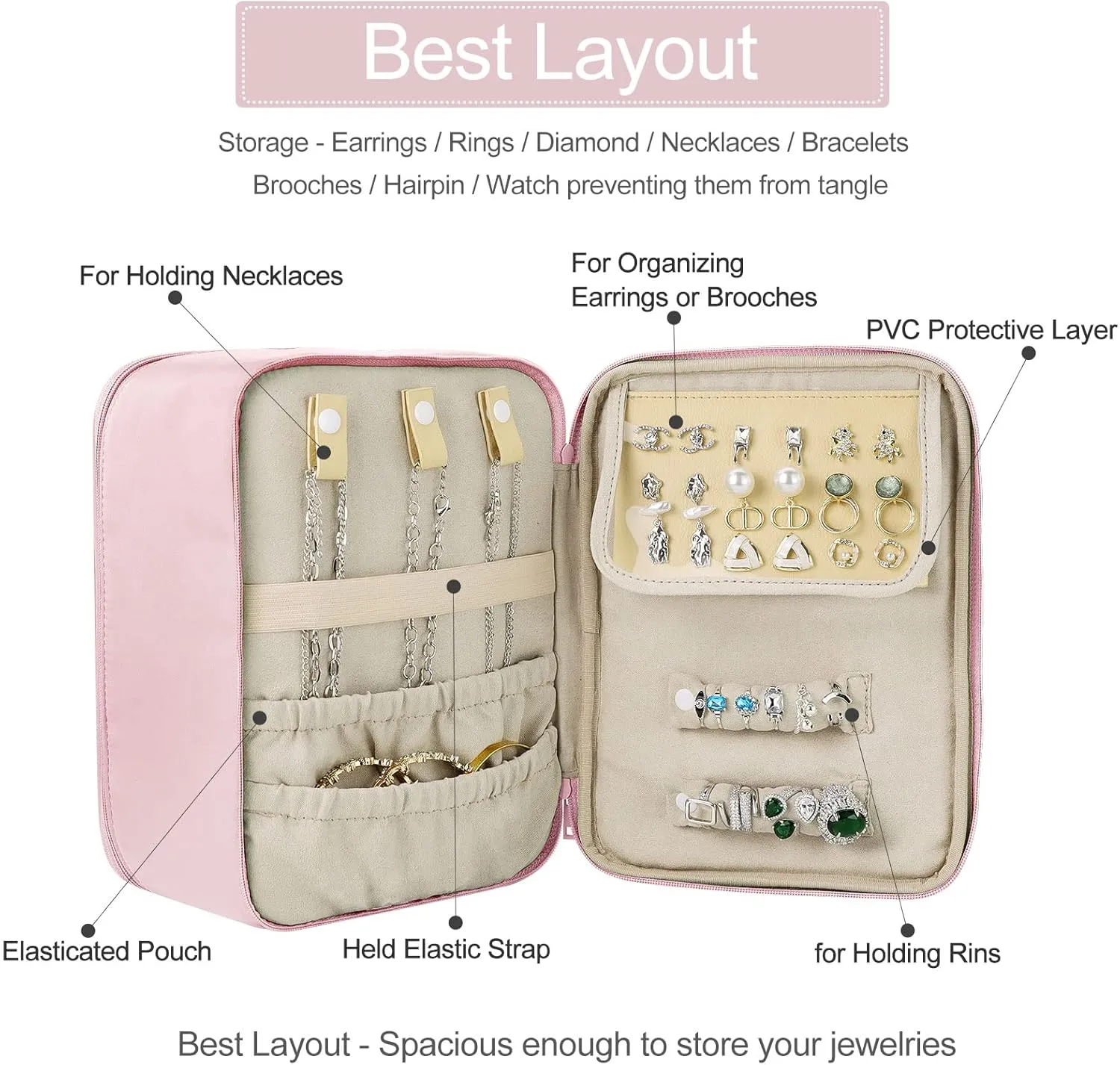 Pocmimut Makeup Bag and Jewelry Bag,Travel Makeup Case for Women 2 in 1 Waterproof Travel Make Up Case and Jewelry Bag Brushes for Earrings Necklaces Bracelets(Baby Pink)