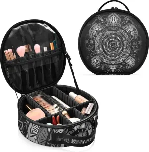 Polynesian Silver Tribal Sea Turtle Tattoo on Black Toned Maori Women's Portable Round Makeup Bag with Handle, Cosmetic Bag, Adjustable Dividers, Travel Cosmetic Storage 11 x 3.5 x 10 inch