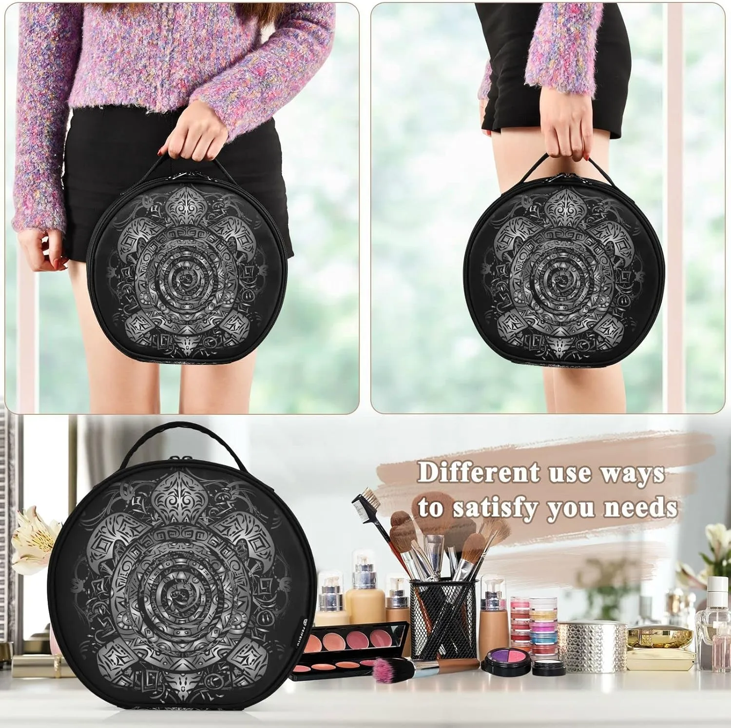 Polynesian Silver Tribal Sea Turtle Tattoo on Black Toned Maori Women's Portable Round Makeup Bag with Handle, Cosmetic Bag, Adjustable Dividers, Travel Cosmetic Storage 11 x 3.5 x 10 inch
