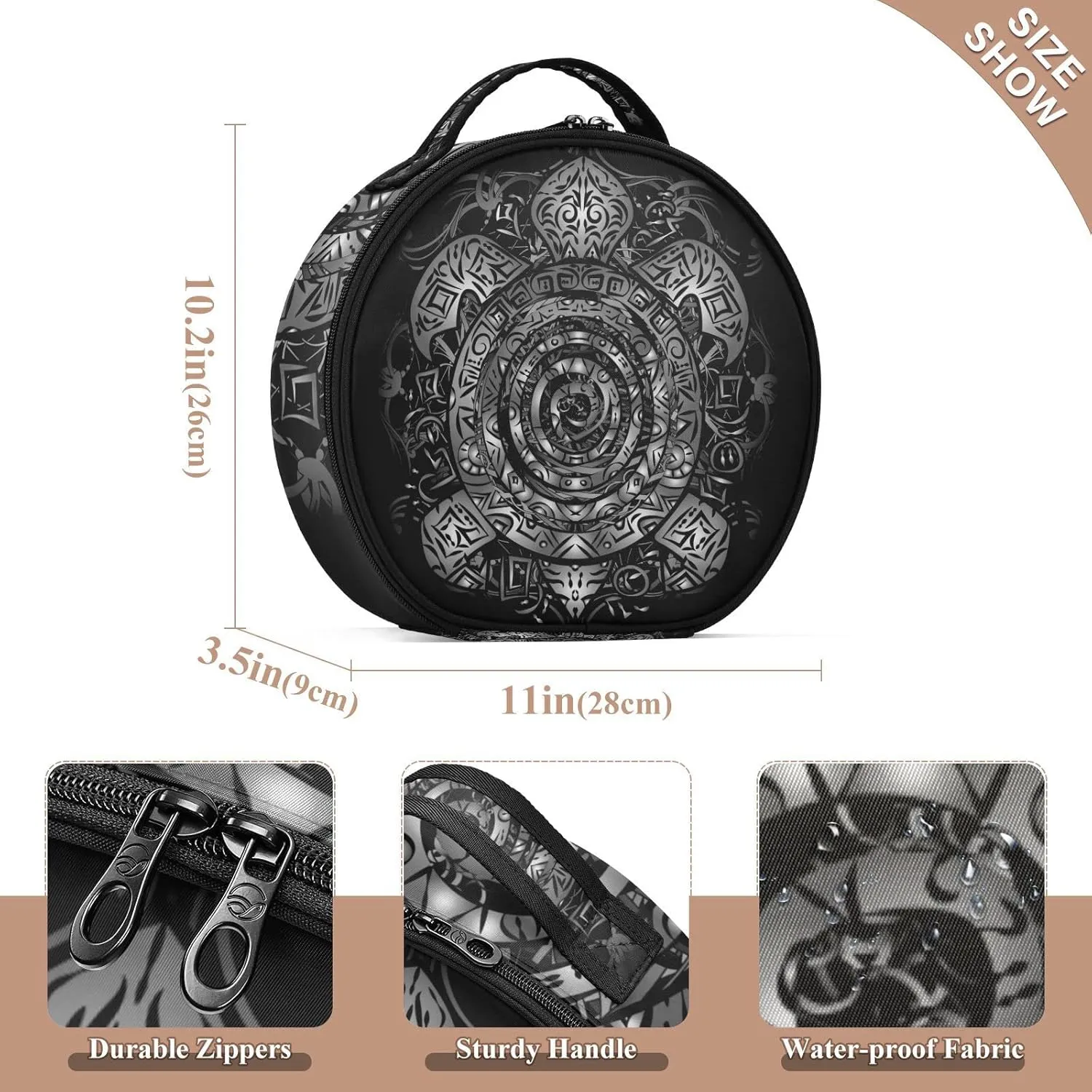 Polynesian Silver Tribal Sea Turtle Tattoo on Black Toned Maori Women's Portable Round Makeup Bag with Handle, Cosmetic Bag, Adjustable Dividers, Travel Cosmetic Storage 11 x 3.5 x 10 inch