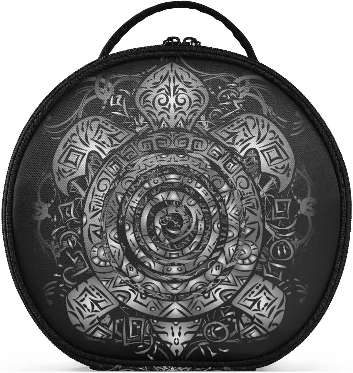 Polynesian Silver Tribal Sea Turtle Tattoo on Black Toned Maori Women's Portable Round Makeup Bag with Handle, Cosmetic Bag, Adjustable Dividers, Travel Cosmetic Storage 11 x 3.5 x 10 inch