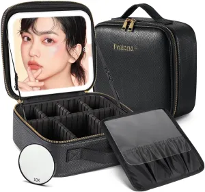 Portable Travel Cosmetic Bag with LED, 3-color Adjustable Cosmetic Organizer, Women's Cosmetic Case, Mirror Makeup Bag Case Rechargeable (Black)