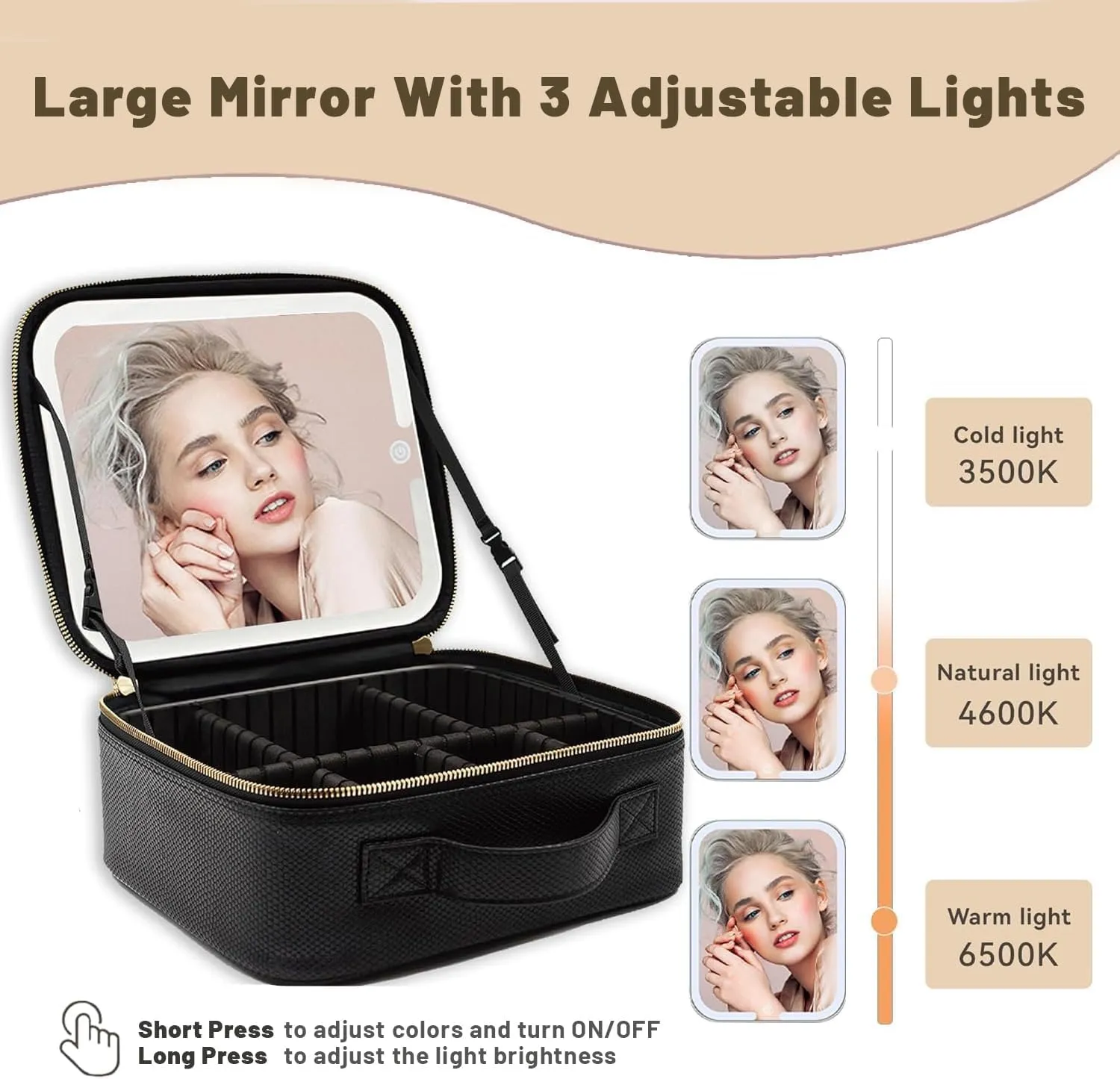 Portable Travel Cosmetic Bag with LED, 3-color Adjustable Cosmetic Organizer, Women's Cosmetic Case, Mirror Makeup Bag Case Rechargeable (Black)