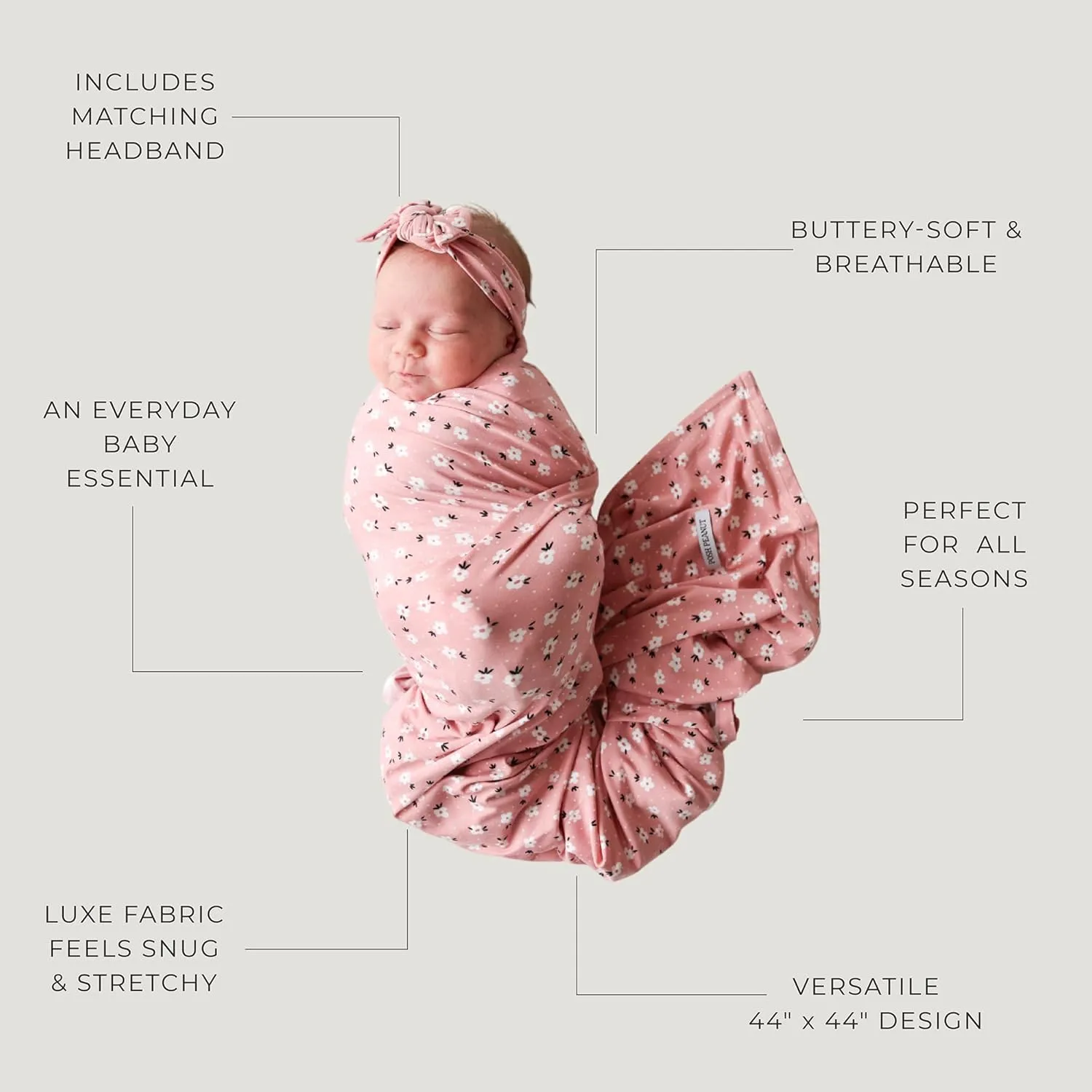 Posh Peanut Swaddle Blanket & Headband Set – Viscose from Bamboo Stretchy Baby Swaddle for Newborn Girls, Receiving Blanket or Nursing Cover (Emmilene)