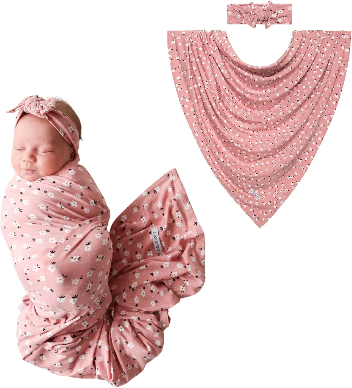 Posh Peanut Swaddle Blanket & Headband Set – Viscose from Bamboo Stretchy Baby Swaddle for Newborn Girls, Receiving Blanket or Nursing Cover (Emmilene)