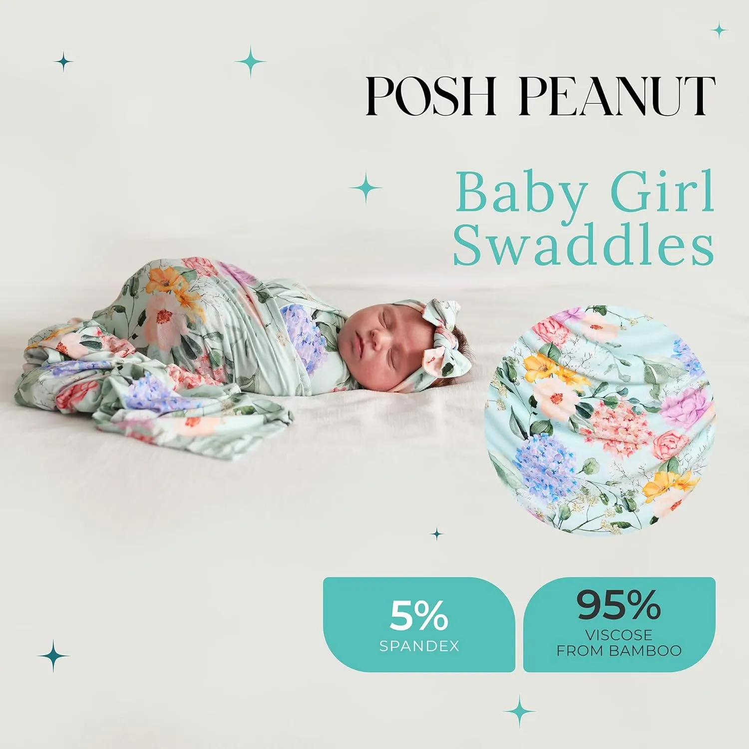 Posh Peanut Swaddle Blanket & Headband Set – Viscose from Bamboo Stretchy Baby Swaddle for Newborn Girls, Receiving Blanket or Nursing Cover (Erin)
