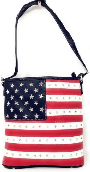 Premium American National Flag Rhinestone Handbag, Messenger bag, Wallet in Multi Colors (Blue Messenger bag only)