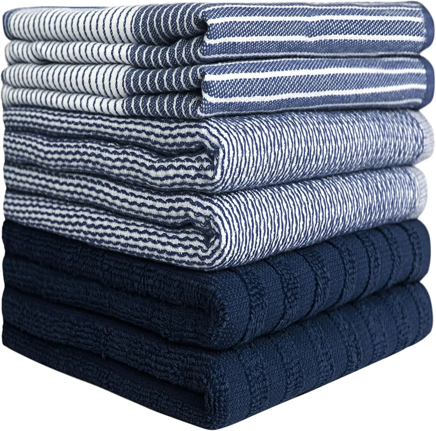 Premium Kitchen Dish Hand Towels (20”x 28”, 6 Pack) | Large,Cotton Flat & Terry Highly Absorbent Tea Towels Set with Hanging Loop | Navy Blue