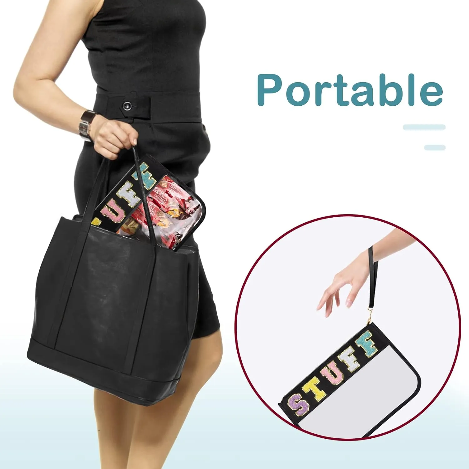 Preppy Glitter Chenille Letter Clear Bag, Portable Stuff Transparent Pouch with Zipper Wrist Strap, PVC Nylon Stain-resistant Cosmetics Toiletries Travel Organizer for women girls - Black