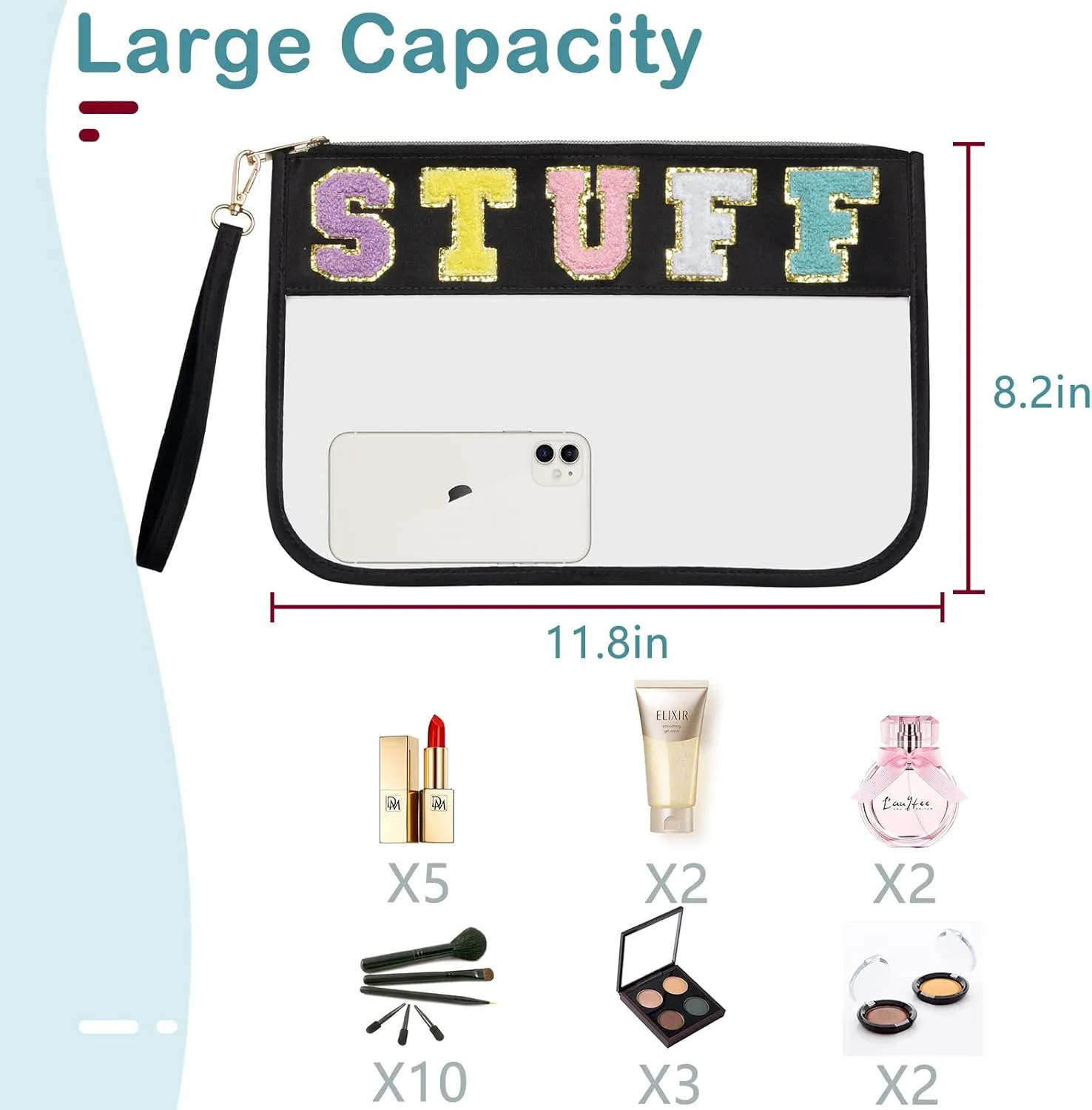 Preppy Glitter Chenille Letter Clear Bag, Portable Stuff Transparent Pouch with Zipper Wrist Strap, PVC Nylon Stain-resistant Cosmetics Toiletries Travel Organizer for women girls - Black
