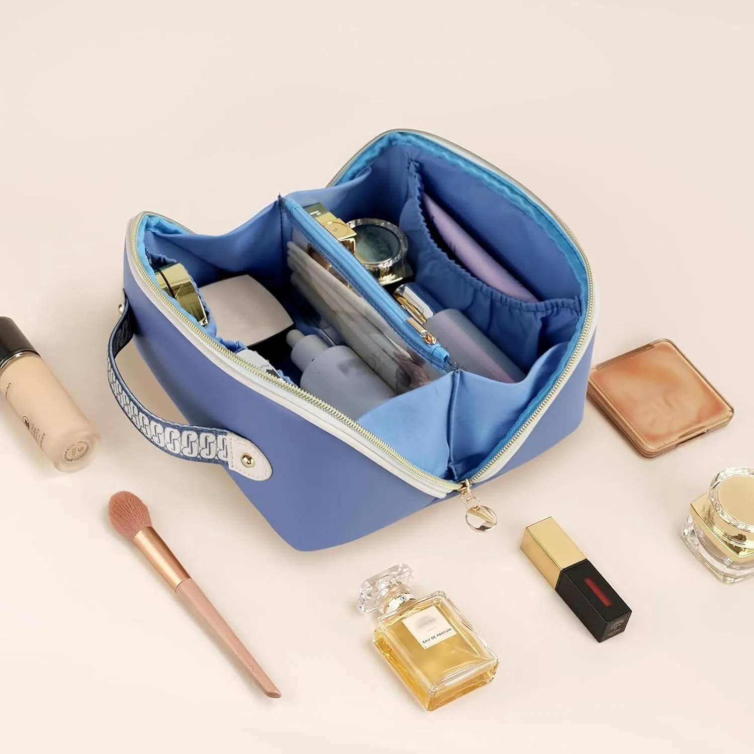 Prite Makeup Bag for Women Travel Waterproof Vegan Leather Cosmetic Bag Open Flat Toiletry Bag With Clear Divider and Handle (Blue)