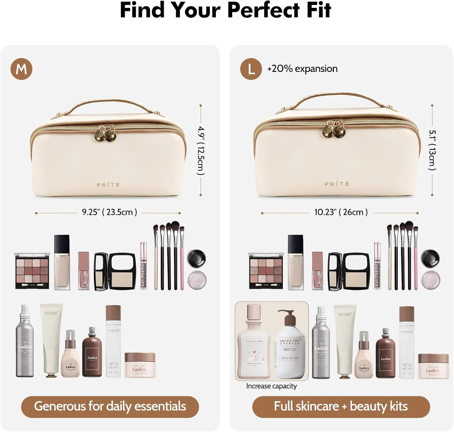 Prite Makeup Bag for Women Travel Waterproof Vegan Leather Cosmetic Bag Open Flat Toiletry Bag With Clear Divider and Handle (Large Beige)