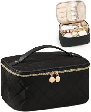 Prite Makeup Bag, Large Capacity Portable Travel Cosmetic Bag, Waterproof Makeup Organizer for Women with Handle and Divider(Black Rhombus)