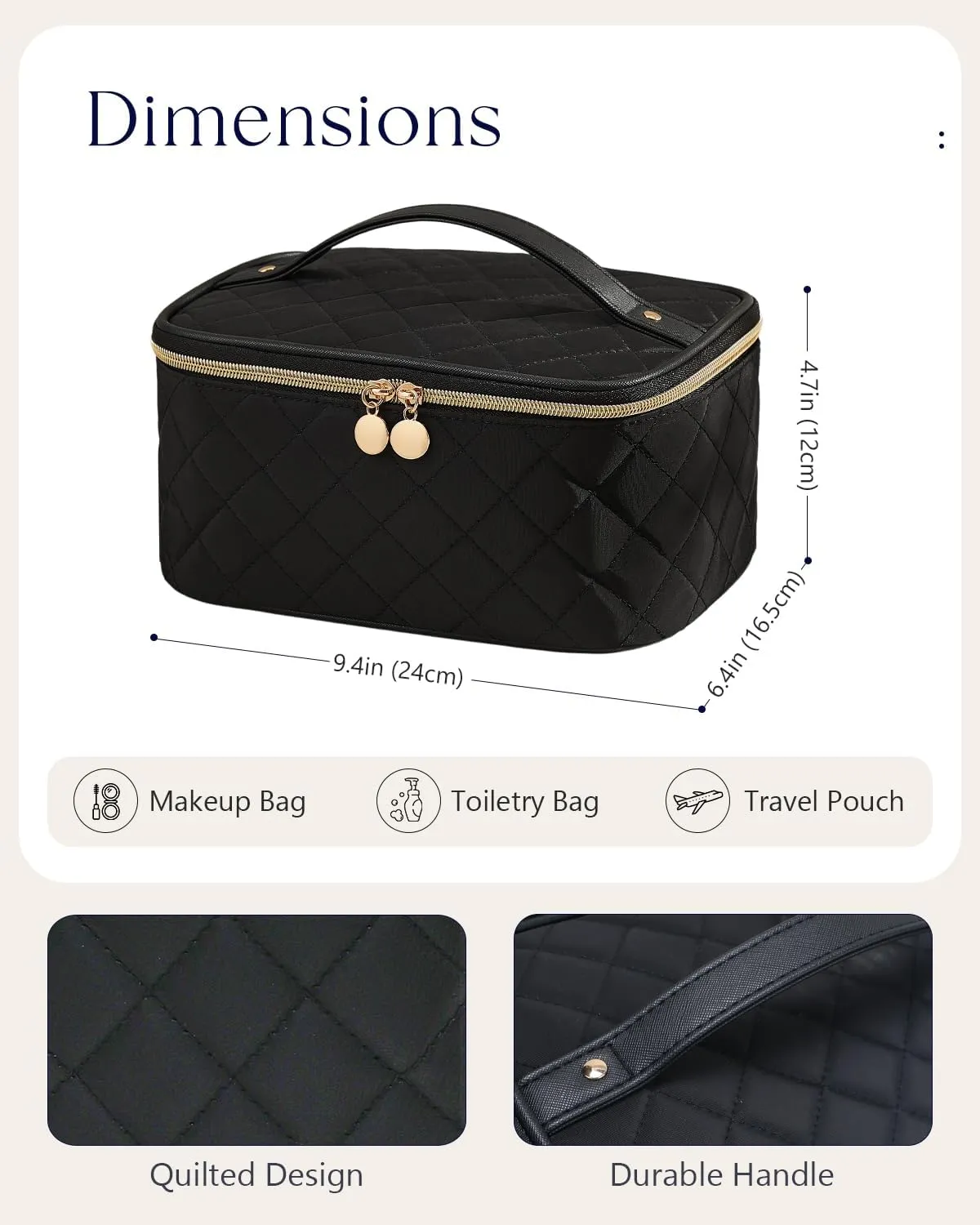 Prite Makeup Bag, Large Capacity Portable Travel Cosmetic Bag, Waterproof Makeup Organizer for Women with Handle and Divider(Black Rhombus)