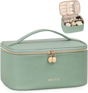 Prite Makeup Bag, Large Capacity Portable Travel Cosmetic Bag, Waterproof Makeup Organizer for Women with Handle and Divider(Green)