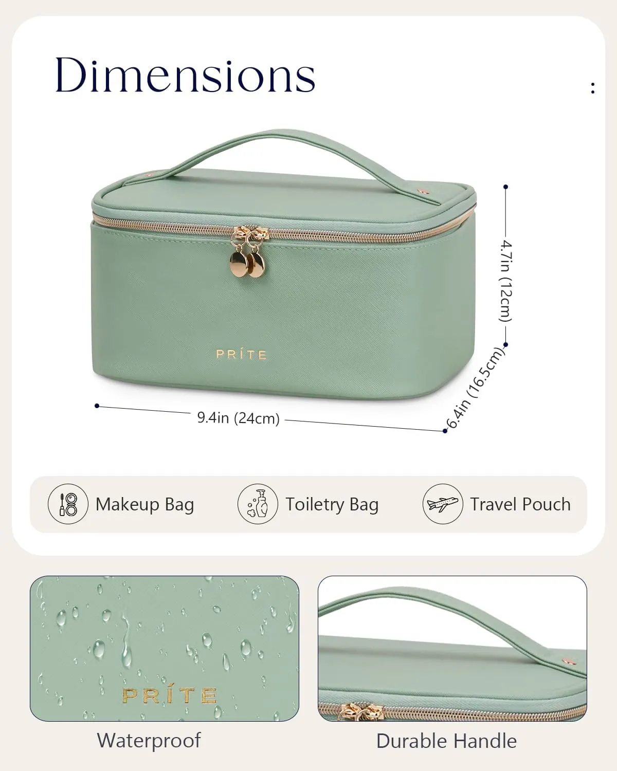 Prite Makeup Bag, Large Capacity Portable Travel Cosmetic Bag, Waterproof Makeup Organizer for Women with Handle and Divider(Green)