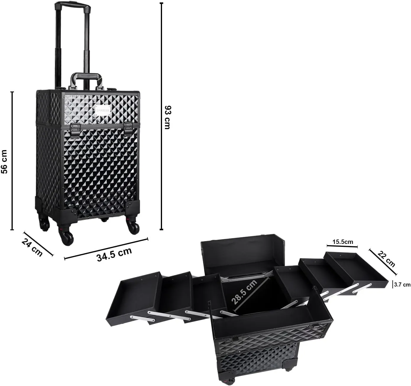 Professional Hardside Luggage Suitcase with Wheels, Jumbo Multi Function Artist Rolling Trolley Makeup Box Beauty Train Case Cosmetic Organizer Makeup Cosmetic Vanity Trolley (3599 Black), 3599