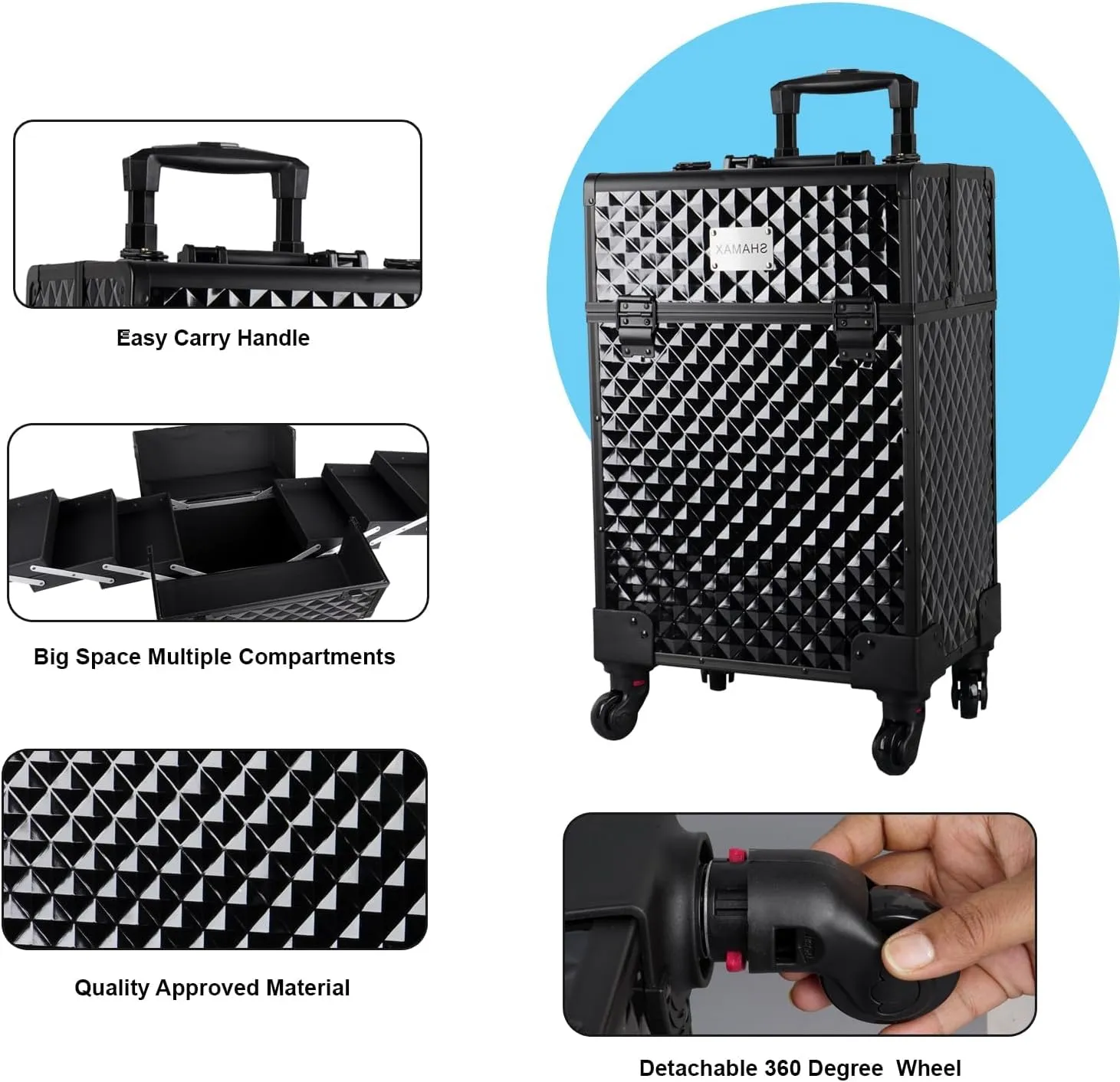 Professional Hardside Luggage Suitcase with Wheels, Jumbo Multi Function Artist Rolling Trolley Makeup Box Beauty Train Case Cosmetic Organizer Makeup Cosmetic Vanity Trolley (3599 Black), 3599