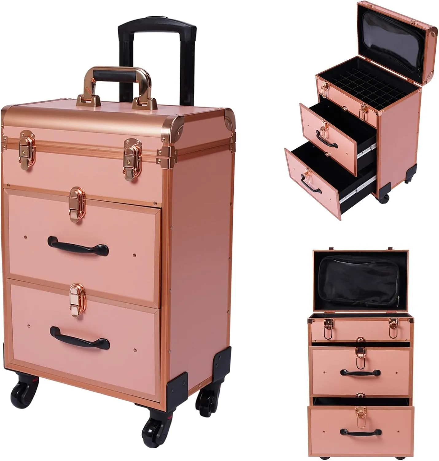 Professional Makeup Suitcase with Wheels, Rolling Makeup Trolley Train Case Organizer for Beauty Centers Salons and Home Large Cosmetic Storage Case with Spinner Wheels and Drawer (Gold)