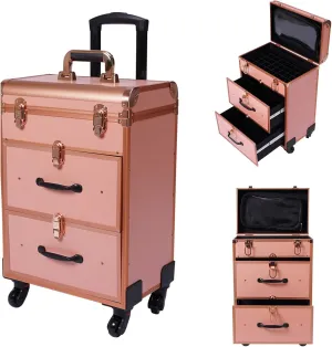 Professional Makeup Suitcase with Wheels, Rolling Makeup Trolley Train Case Organizer for Beauty Centers Salons and Home Large Cosmetic Storage Case with Spinner Wheels and Drawer (Gold)