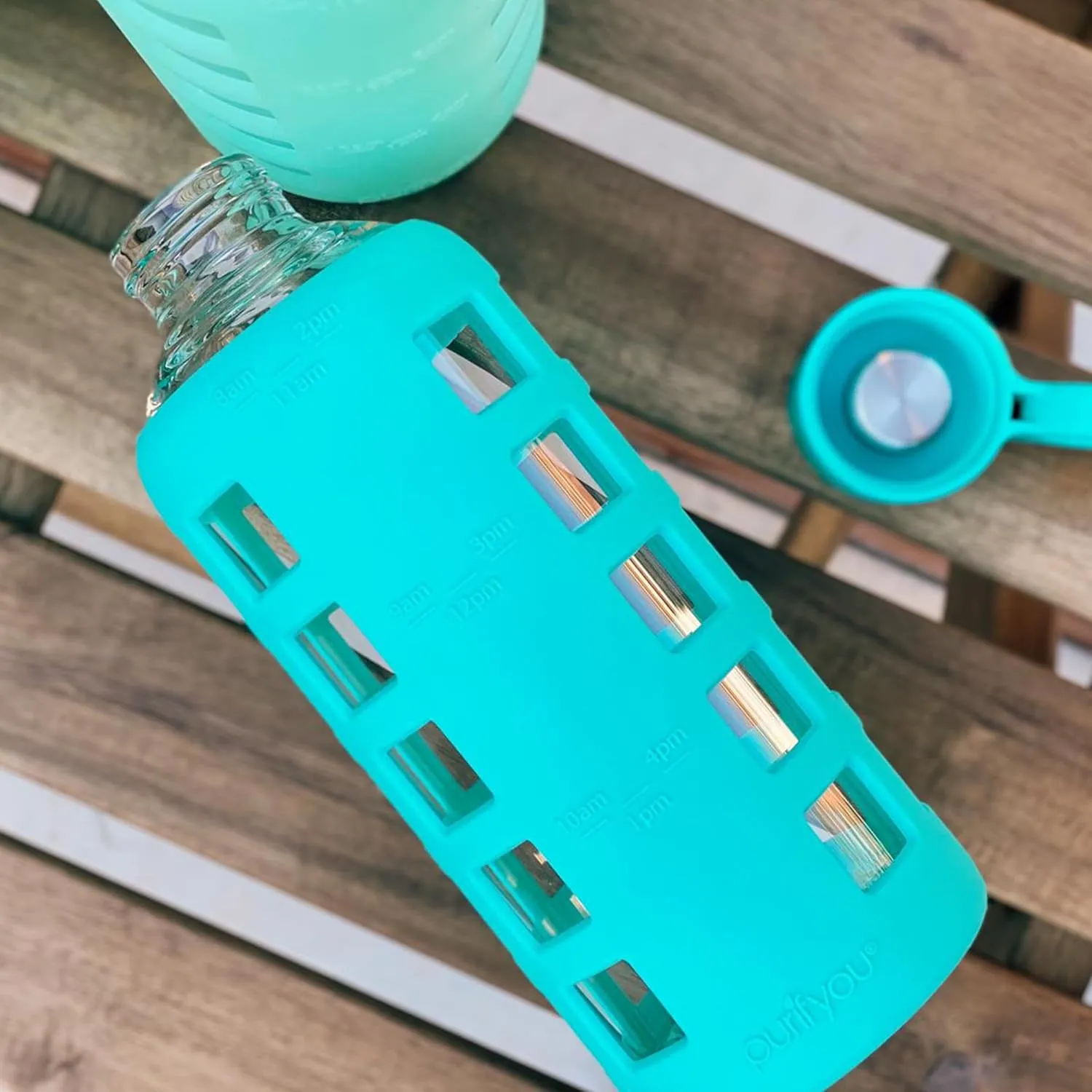 purifyou 40/32/22/12 oz Borosilicate Glass Water Bottles with Volume Markers, Silicone Sleeve, Stainless Steel Lid, Reusable Bottle for Water, Juice, Gym, and Fridge Storage (12oz Aqua Blue)
