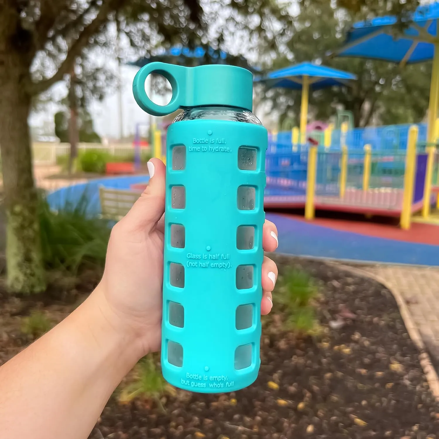 purifyou 40/32/22/12 oz Borosilicate Glass Water Bottles with Volume Markers, Silicone Sleeve, Stainless Steel Lid, Reusable Bottle for Water, Juice, Gym, and Fridge Storage (12oz Aqua Blue)