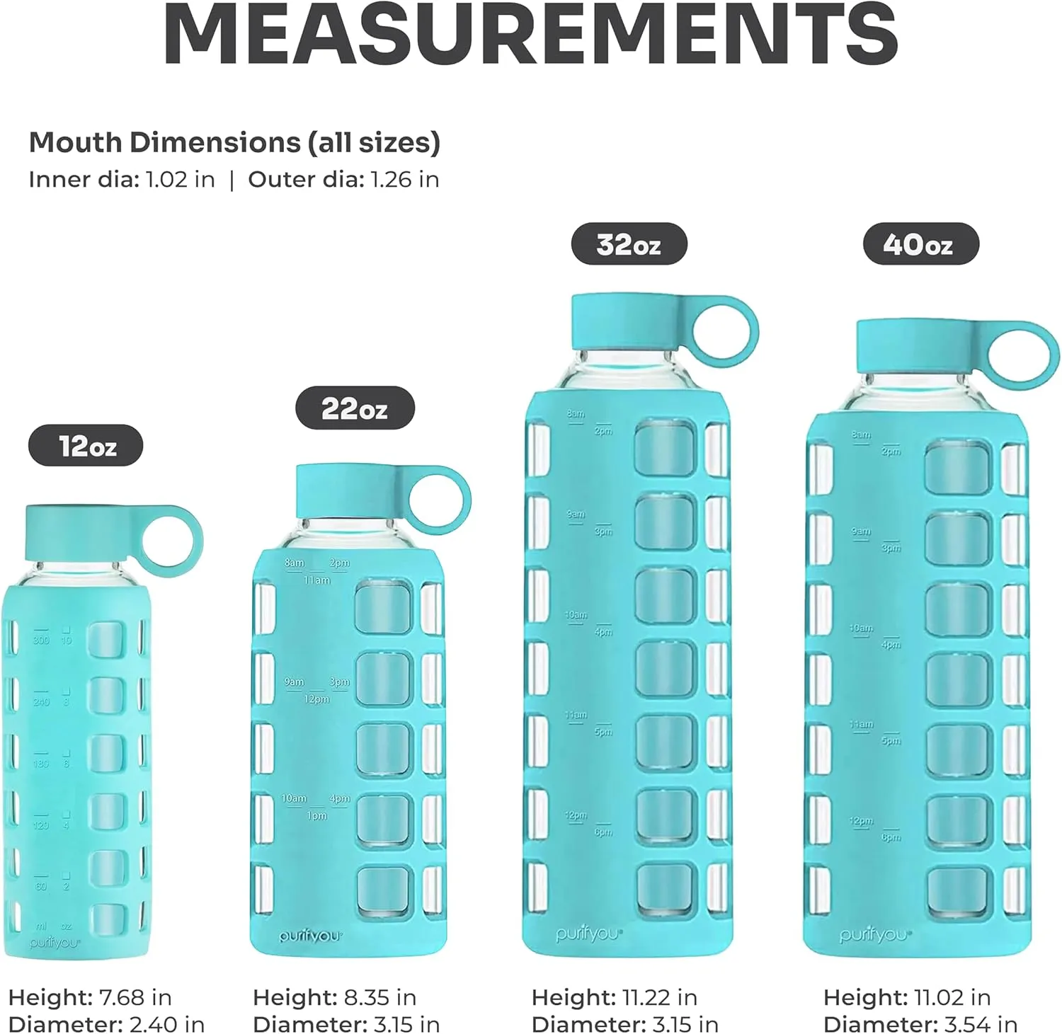 purifyou 40/32/22/12 oz Borosilicate Glass Water Bottles with Volume Markers, Silicone Sleeve, Stainless Steel Lid, Reusable Bottle for Water, Juice, Gym, and Fridge Storage (12oz Aqua Blue)