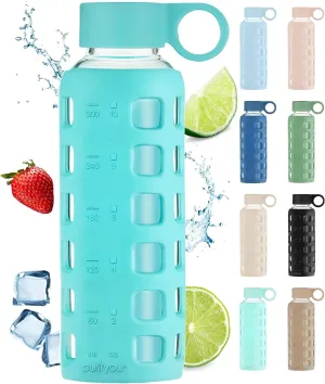 purifyou 40/32/22/12 oz Borosilicate Glass Water Bottles with Volume Markers, Silicone Sleeve, Stainless Steel Lid, Reusable Bottle for Water, Juice, Gym, and Fridge Storage (12oz Aqua Blue)