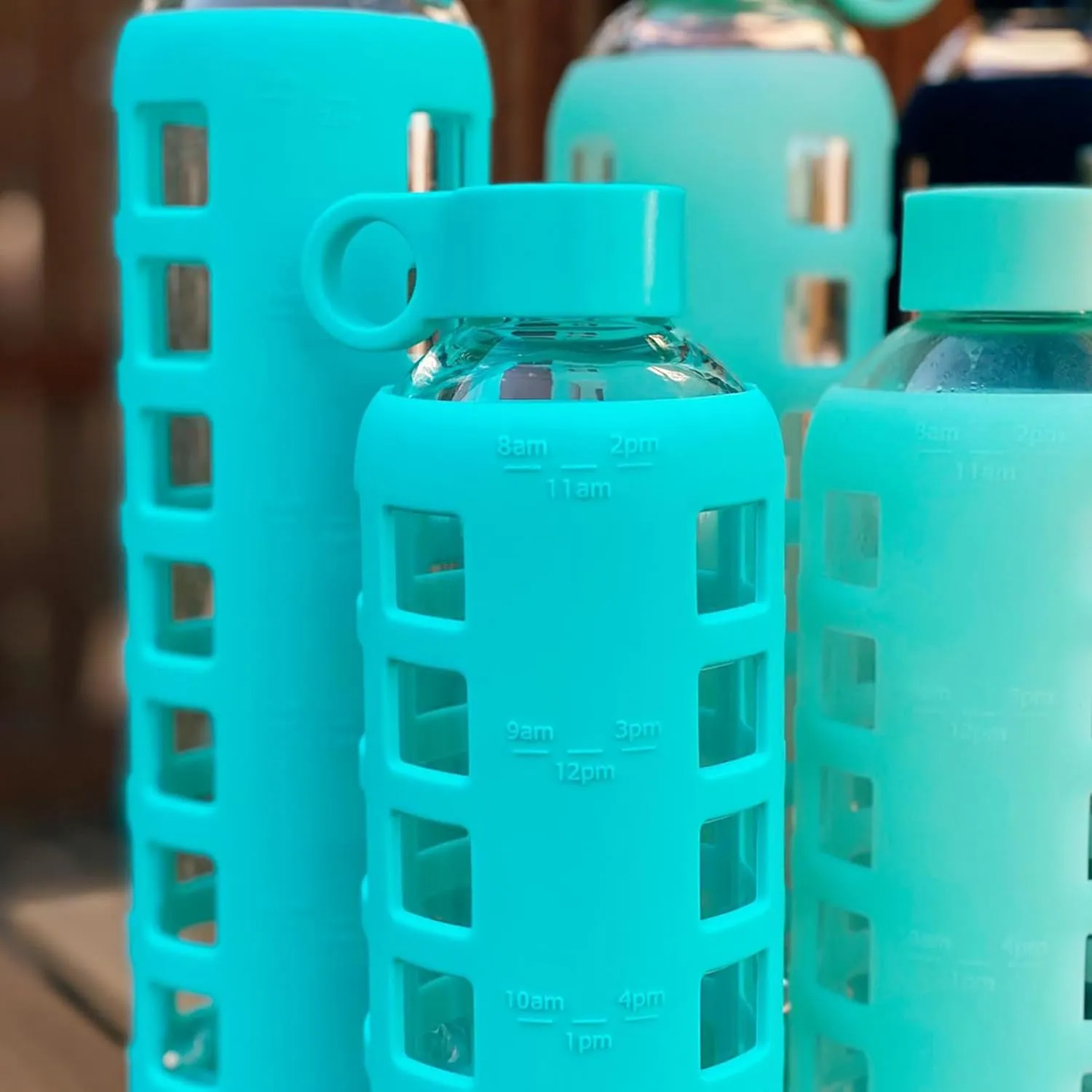 purifyou 40/32/22/12 oz Borosilicate Glass Water Bottles with Volume Markers, Silicone Sleeve, Stainless Steel Lid, Reusable Bottle for Water, Juice, Gym, and Fridge Storage (12oz Aqua Blue)