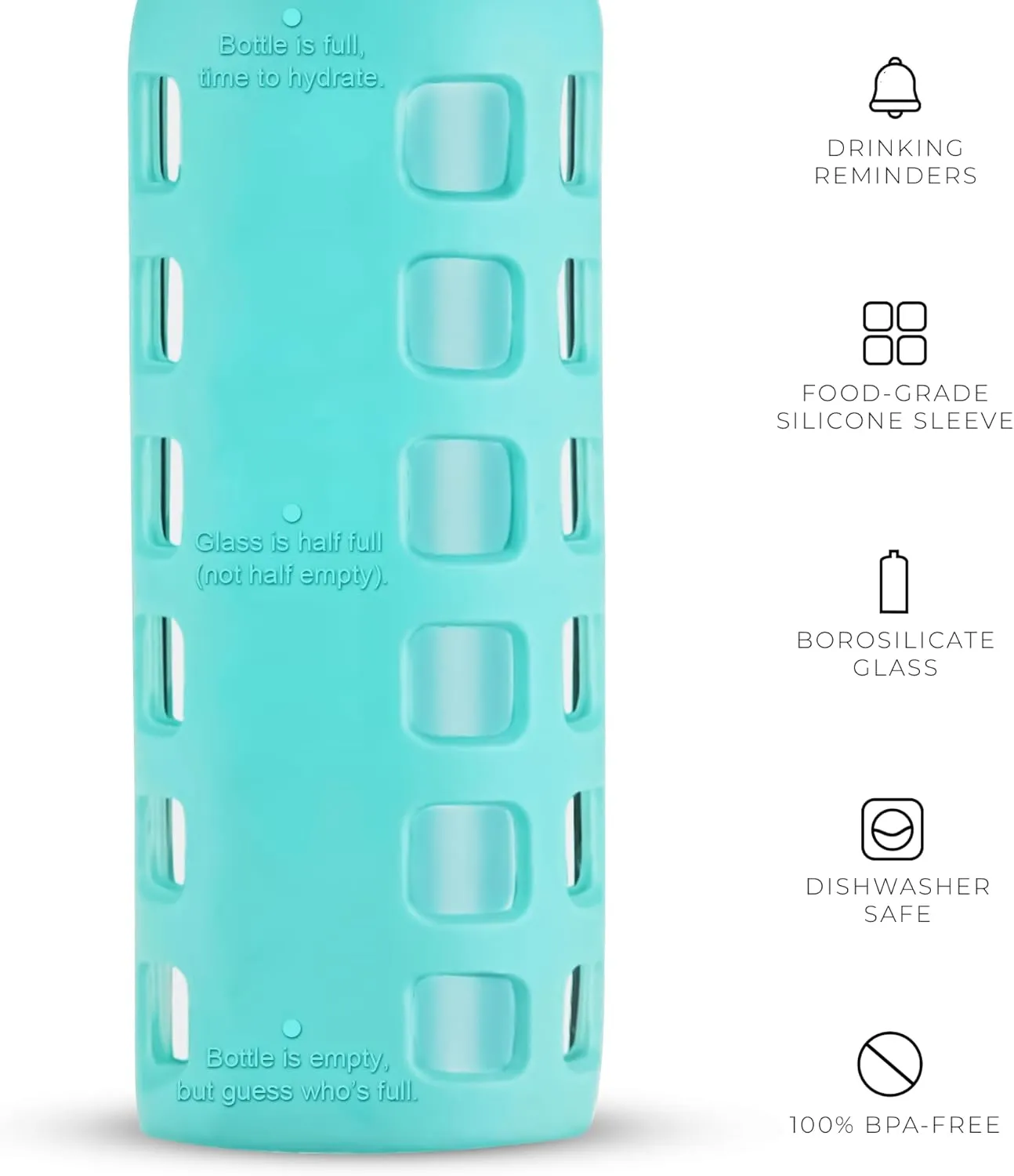 purifyou 40/32/22/12 oz Borosilicate Glass Water Bottles with Volume Markers, Silicone Sleeve, Stainless Steel Lid, Reusable Bottle for Water, Juice, Gym, and Fridge Storage (12oz Aqua Blue)