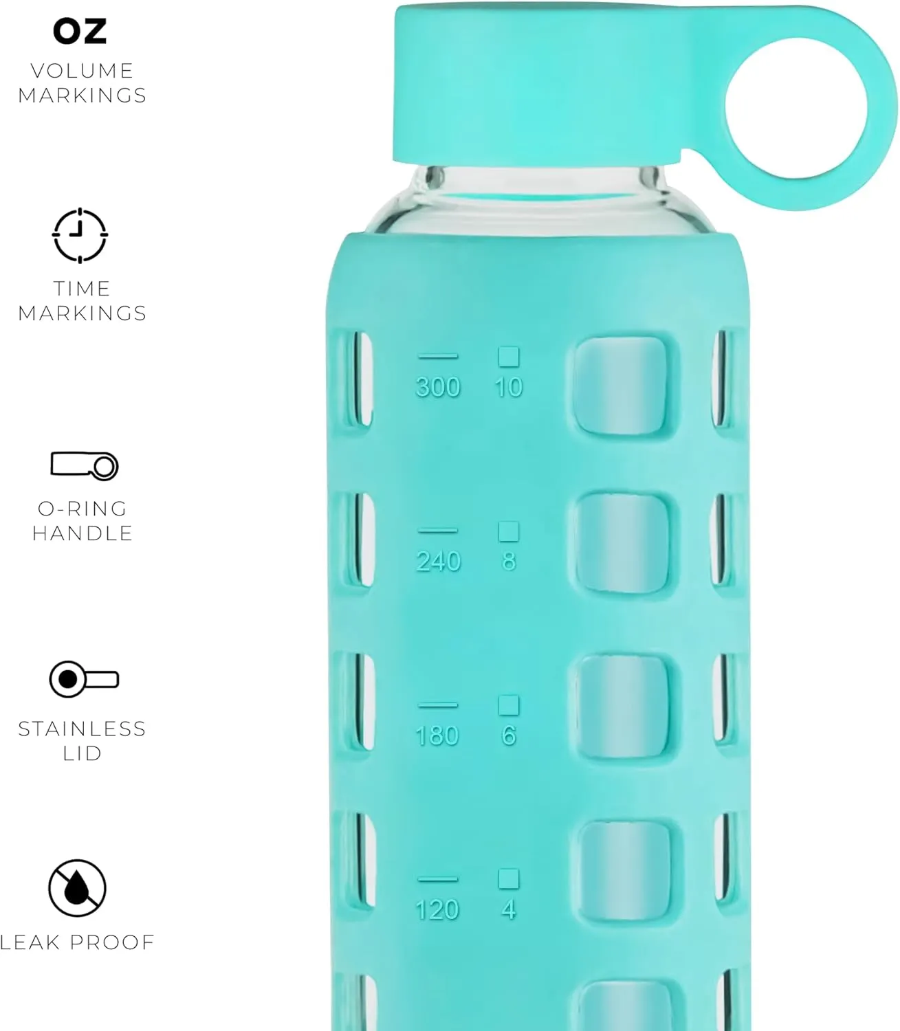 purifyou 40/32/22/12 oz Borosilicate Glass Water Bottles with Volume Markers, Silicone Sleeve, Stainless Steel Lid, Reusable Bottle for Water, Juice, Gym, and Fridge Storage (12oz Aqua Blue)