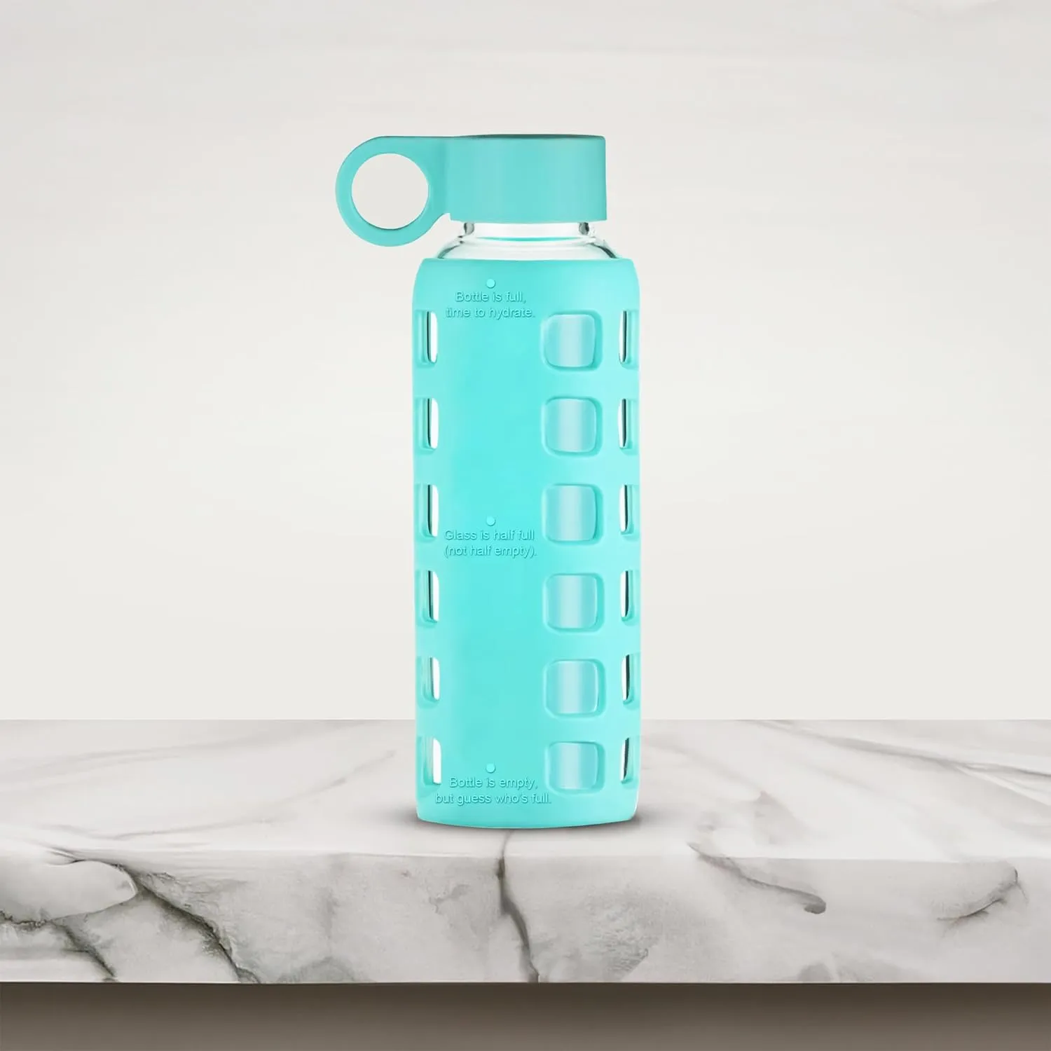 purifyou 40/32/22/12 oz Borosilicate Glass Water Bottles with Volume Markers, Silicone Sleeve, Stainless Steel Lid, Reusable Bottle for Water, Juice, Gym, and Fridge Storage (12oz Aqua Blue)