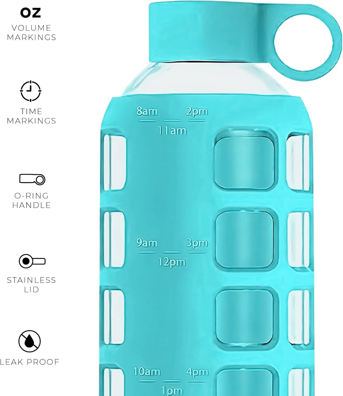purifyou 40/32/22/12 oz Borosilicate Glass Water Bottles with Volume Markers, Silicone Sleeve, Stainless Steel Lid, Reusable Bottle for Water, Juice, Gym, and Fridge Storage (22oz Aqua Blue)