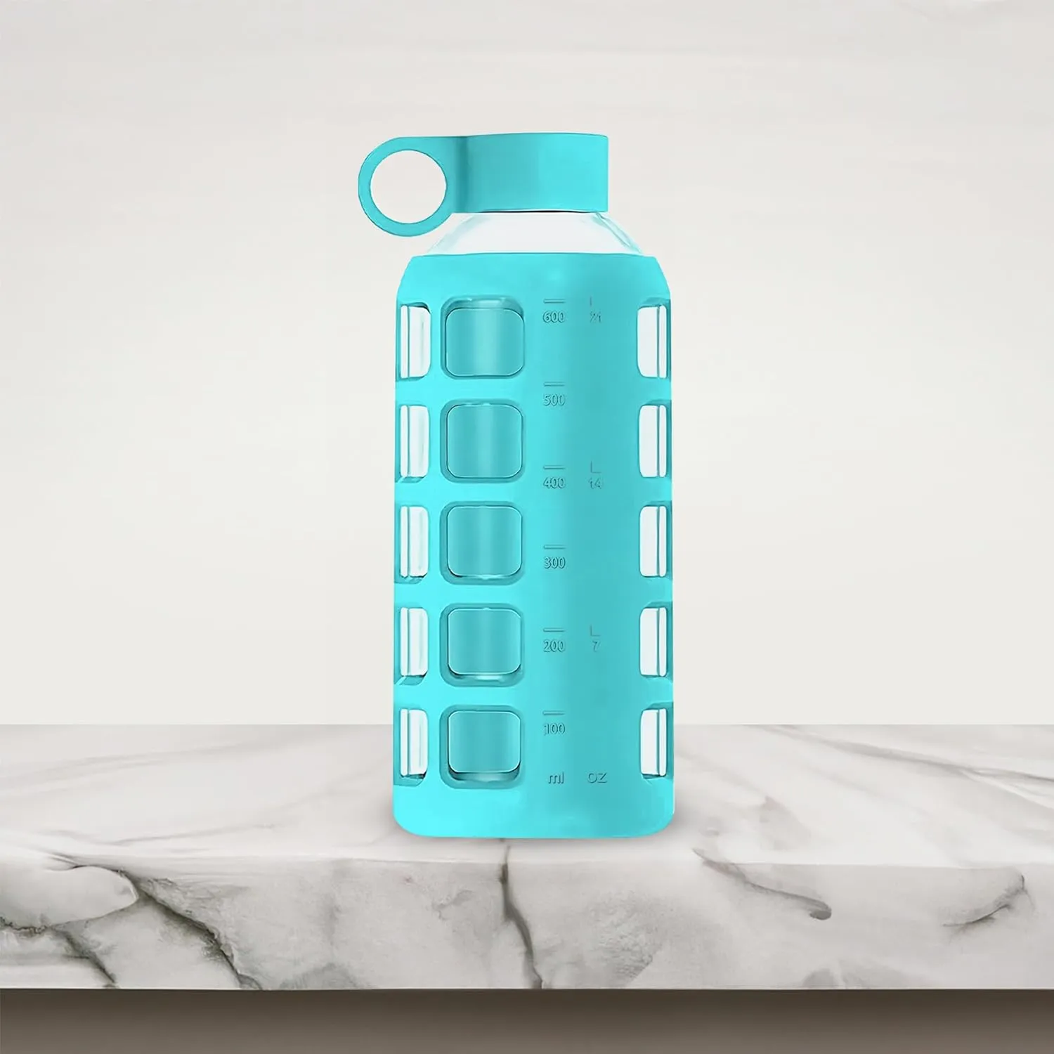 purifyou 40/32/22/12 oz Borosilicate Glass Water Bottles with Volume Markers, Silicone Sleeve, Stainless Steel Lid, Reusable Bottle for Water, Juice, Gym, and Fridge Storage (22oz Aqua Blue)