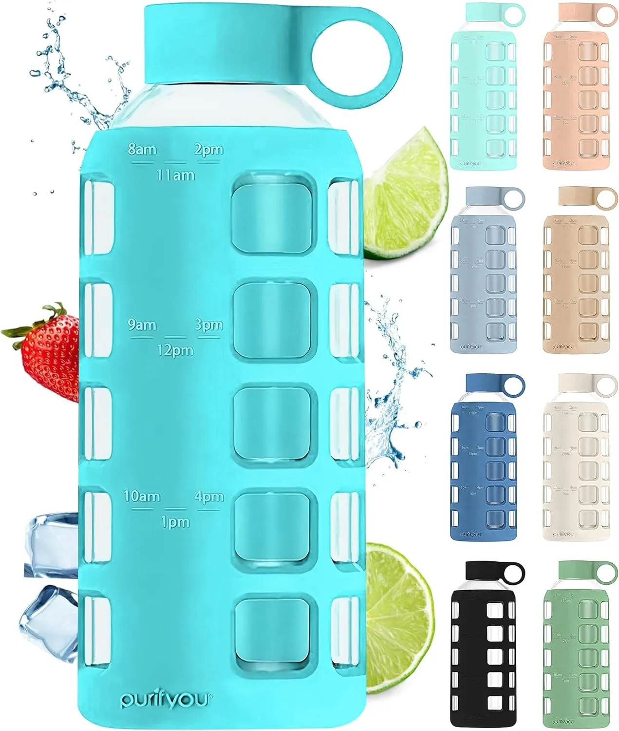purifyou 40/32/22/12 oz Borosilicate Glass Water Bottles with Volume Markers, Silicone Sleeve, Stainless Steel Lid, Reusable Bottle for Water, Juice, Gym, and Fridge Storage (22oz Aqua Blue)
