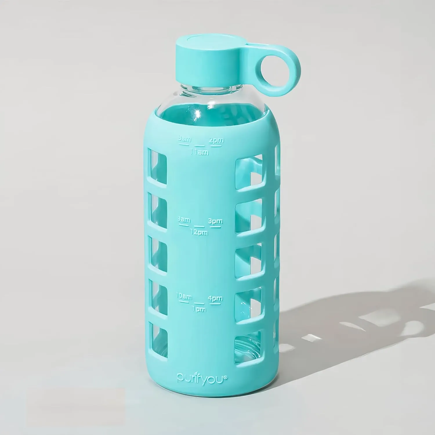 purifyou 40/32/22/12 oz Borosilicate Glass Water Bottles with Volume Markers, Silicone Sleeve, Stainless Steel Lid, Reusable Bottle for Water, Juice, Gym, and Fridge Storage (22oz Aqua Blue)