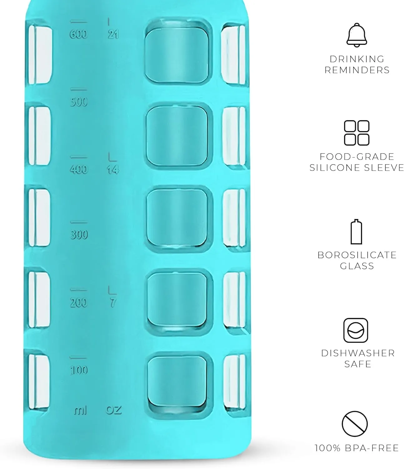 purifyou 40/32/22/12 oz Borosilicate Glass Water Bottles with Volume Markers, Silicone Sleeve, Stainless Steel Lid, Reusable Bottle for Water, Juice, Gym, and Fridge Storage (22oz Aqua Blue)