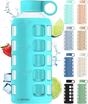 purifyou 40/32/22/12 oz Borosilicate Glass Water Bottles with Volume Markers, Silicone Sleeve, Stainless Steel Lid, Reusable Bottle for Water, Juice, Gym, and Fridge Storage (22oz Aqua Blue)