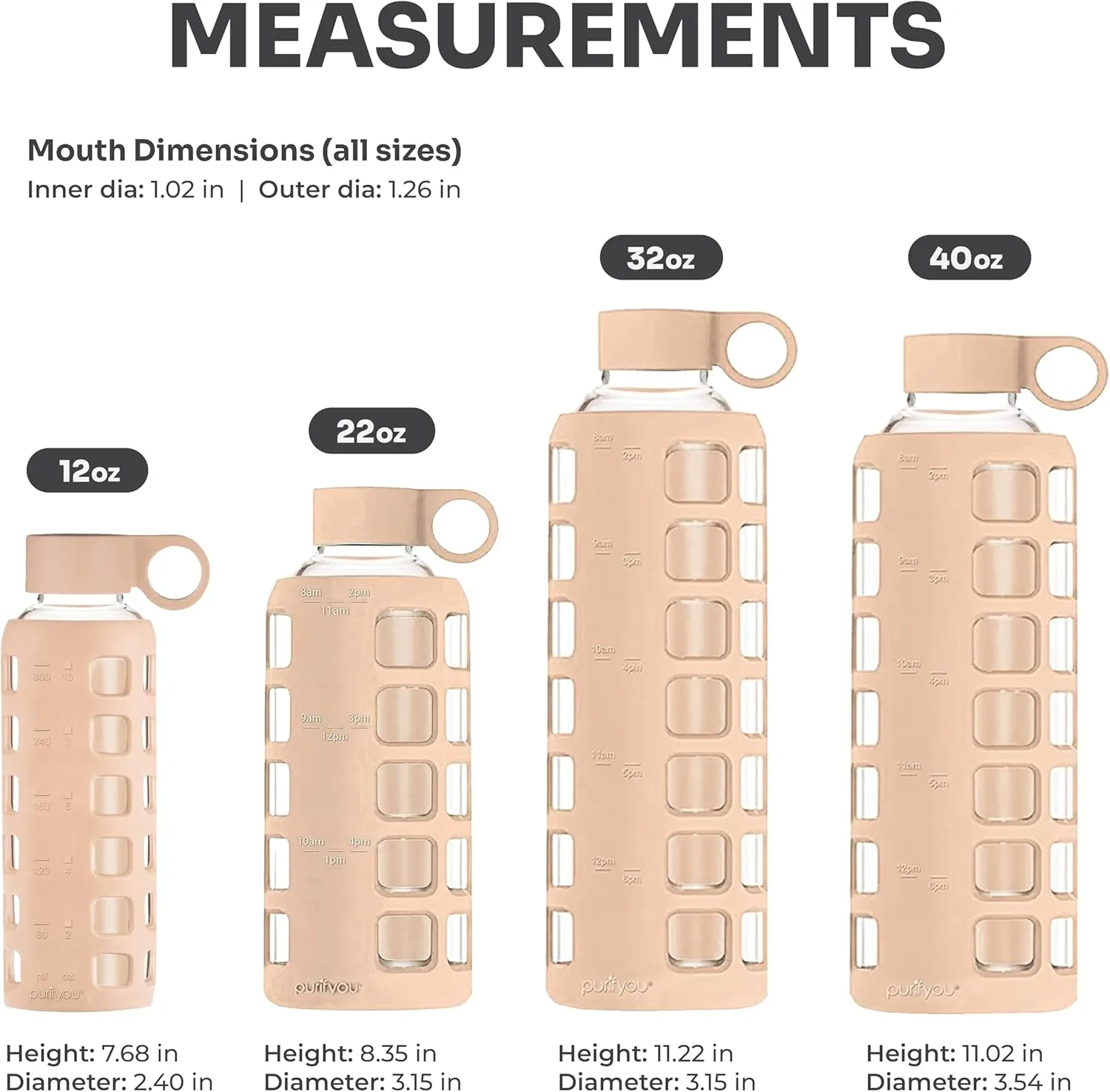 purifyou 40/32/22/12 oz Borosilicate Glass Water Bottles with Volume Markers, Silicone Sleeve, Stainless Steel Lid, Reusable Bottle for Water, Juice, Gym, and Fridge Storage (22oz Hazelnut)
