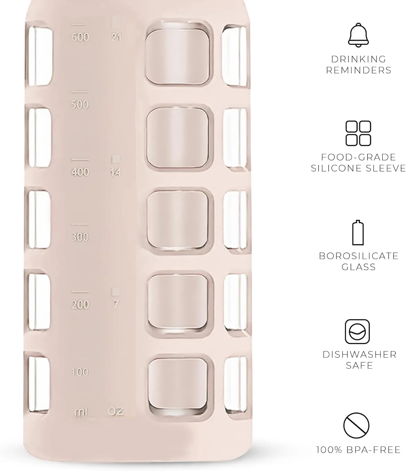 purifyou 40/32/22/12 oz Borosilicate Glass Water Bottles with Volume Markers, Silicone Sleeve, Stainless Steel Lid, Reusable Bottle for Water, Juice, Gym, and Fridge Storage (22oz Hazelnut)