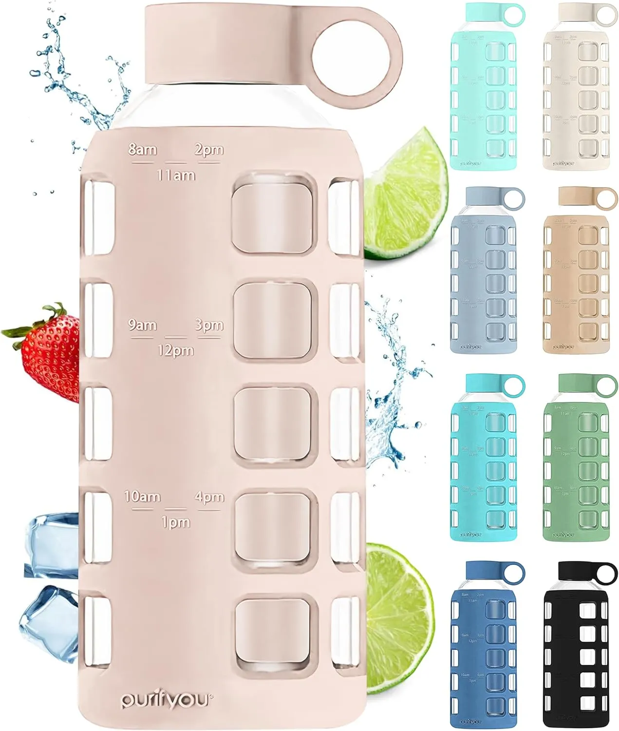 purifyou 40/32/22/12 oz Borosilicate Glass Water Bottles with Volume Markers, Silicone Sleeve, Stainless Steel Lid, Reusable Bottle for Water, Juice, Gym, and Fridge Storage (22oz Hazelnut)