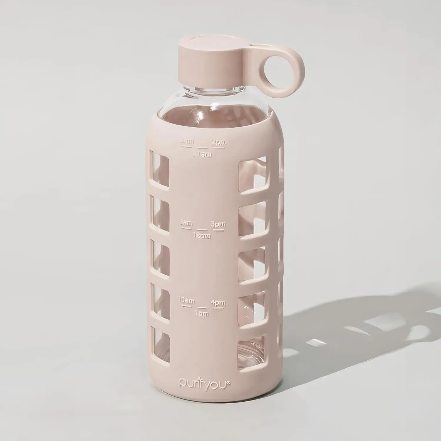 purifyou 40/32/22/12 oz Borosilicate Glass Water Bottles with Volume Markers, Silicone Sleeve, Stainless Steel Lid, Reusable Bottle for Water, Juice, Gym, and Fridge Storage (22oz Hazelnut)