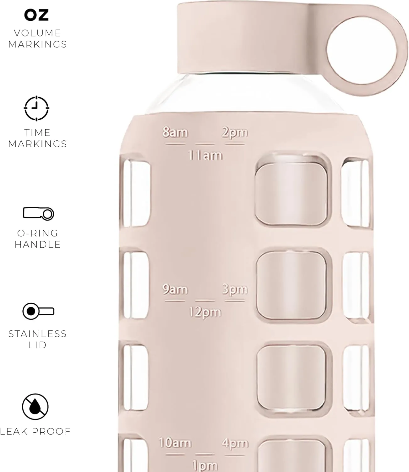purifyou 40/32/22/12 oz Borosilicate Glass Water Bottles with Volume Markers, Silicone Sleeve, Stainless Steel Lid, Reusable Bottle for Water, Juice, Gym, and Fridge Storage (22oz Hazelnut)
