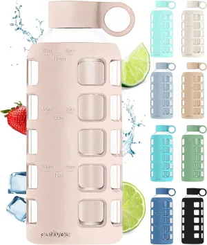 purifyou 40/32/22/12 oz Borosilicate Glass Water Bottles with Volume Markers, Silicone Sleeve, Stainless Steel Lid, Reusable Bottle for Water, Juice, Gym, and Fridge Storage (22oz Hazelnut)