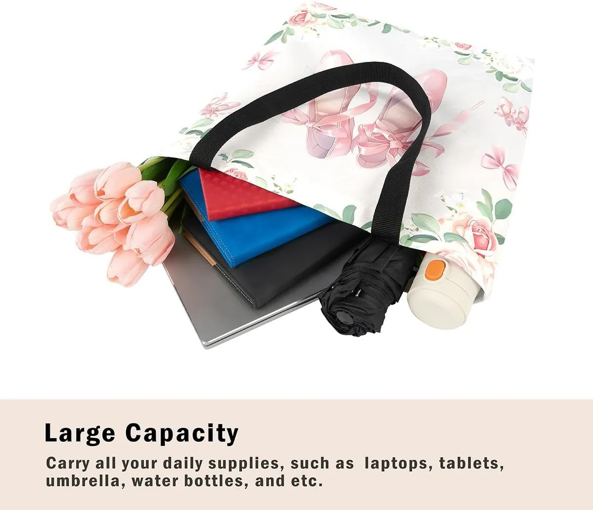 Purple Floral Theme Canvas Tote Bag for Women Girls