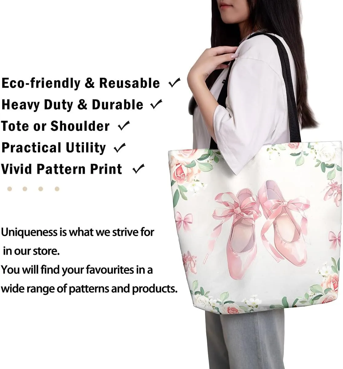 Purple Floral Theme Canvas Tote Bag for Women Girls